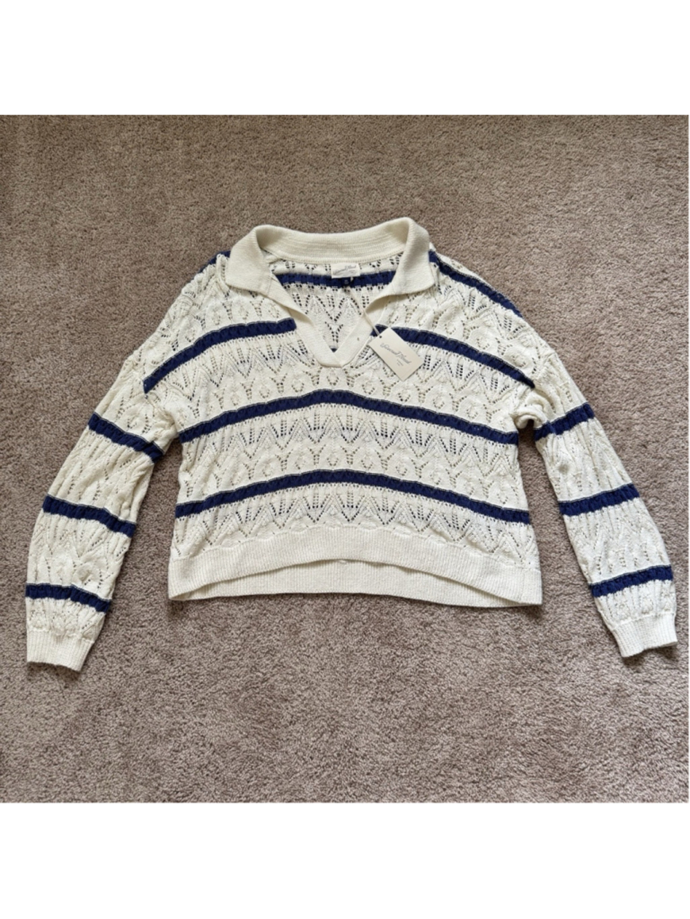 Universal Thread Cream Stripe Blue Crochet Knit Collar Pullover Crop Sweater XXL
